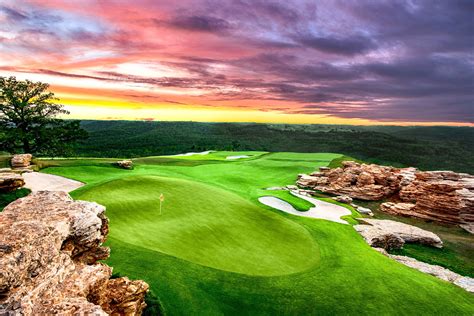 Mountain top golf course - Tour. Top of the Rock. Ridgedale, MO. Tee: Two (2,568 - Par 54) The first-ever par-3 course to be included in a PGA TOUR-sanctioned event, Top of the Rock is Missouri golf at its finest. Located high above Table Rock Lake with tranquil waterfalls, meandering creeks and lakes and ponds teeming with bass, the course is a true celebration of nature. 